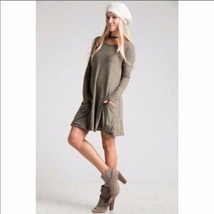 Olive Brushed Knit Long Sleeve Dress W/Pockets M